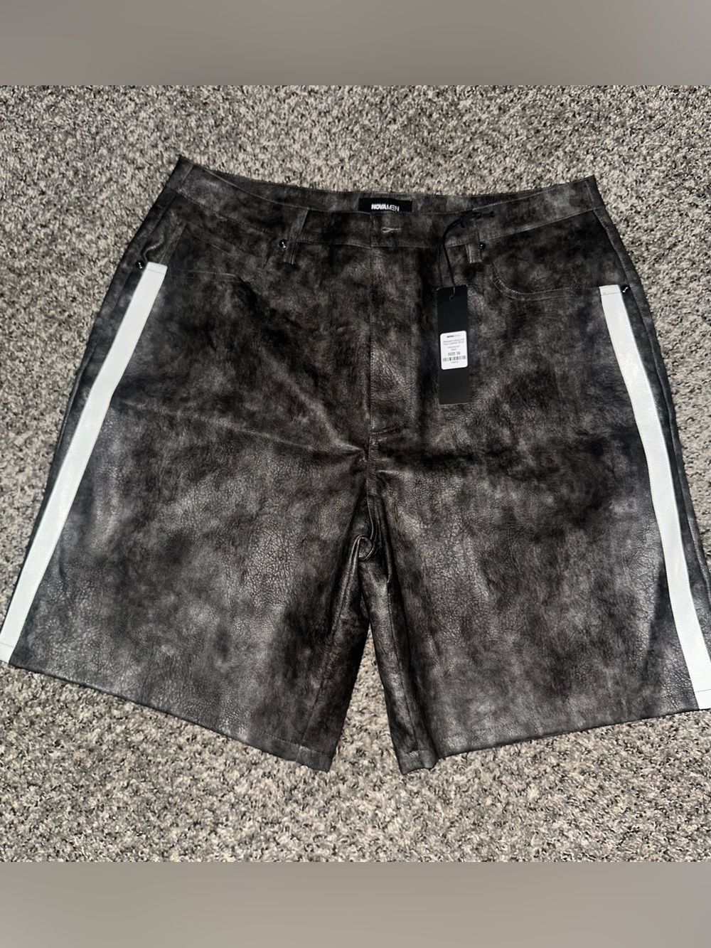 Fashion Nova Black Faux-Leather Shorts with White Side Stripes